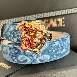 NEW VERSACE LA MEDUSA GOLD BUCKLE BAROCCO DENIM Leather Jean Belt 75/30 Medium